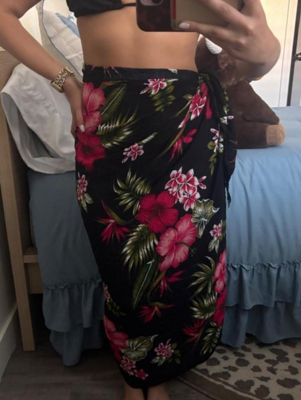 🌺🌿🌸 Floral Hisiscus Flower Tropical Sarong Cover Up Beach Black Pink Green